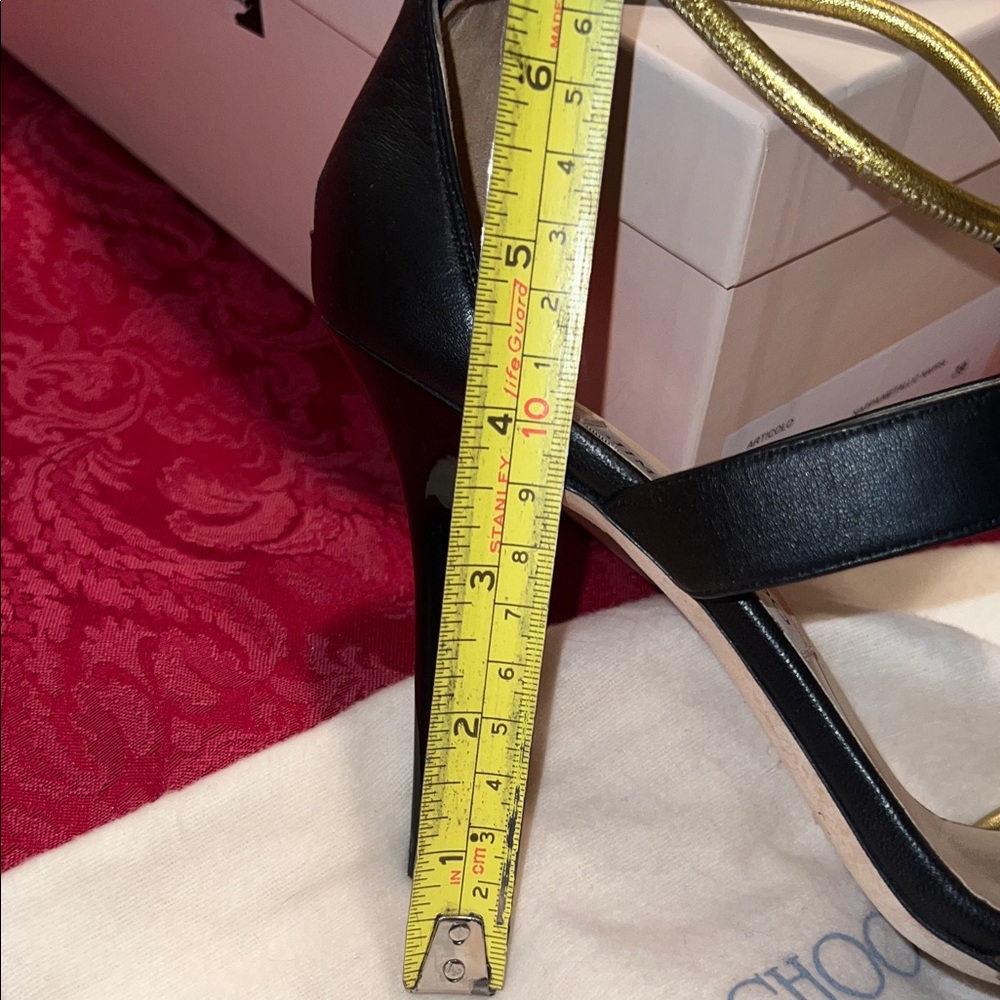 Like New Jimmy Choo Black and Gold Strappy Heels - Picture 3 of 10